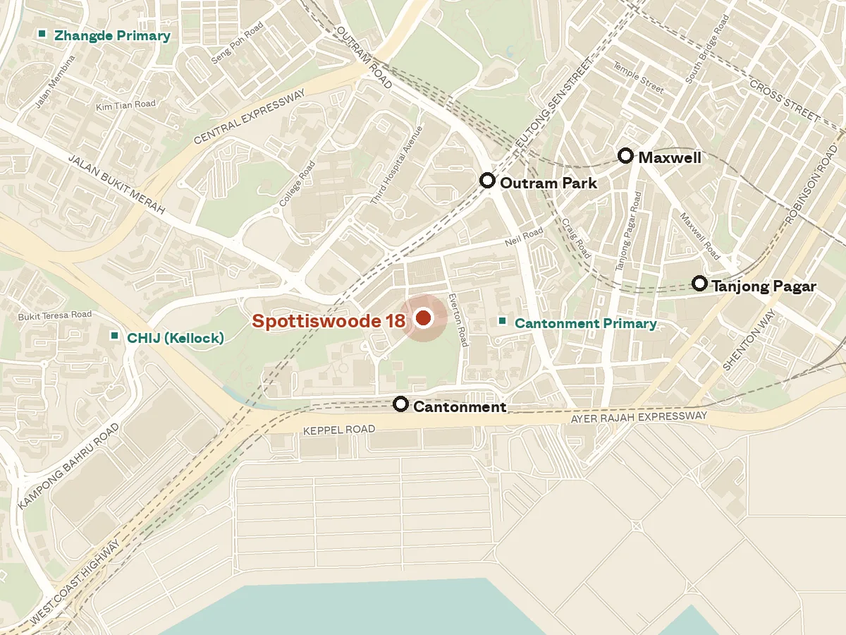 Map of the area around Spottiswoode 18, with nearby MRT stations and primary schools