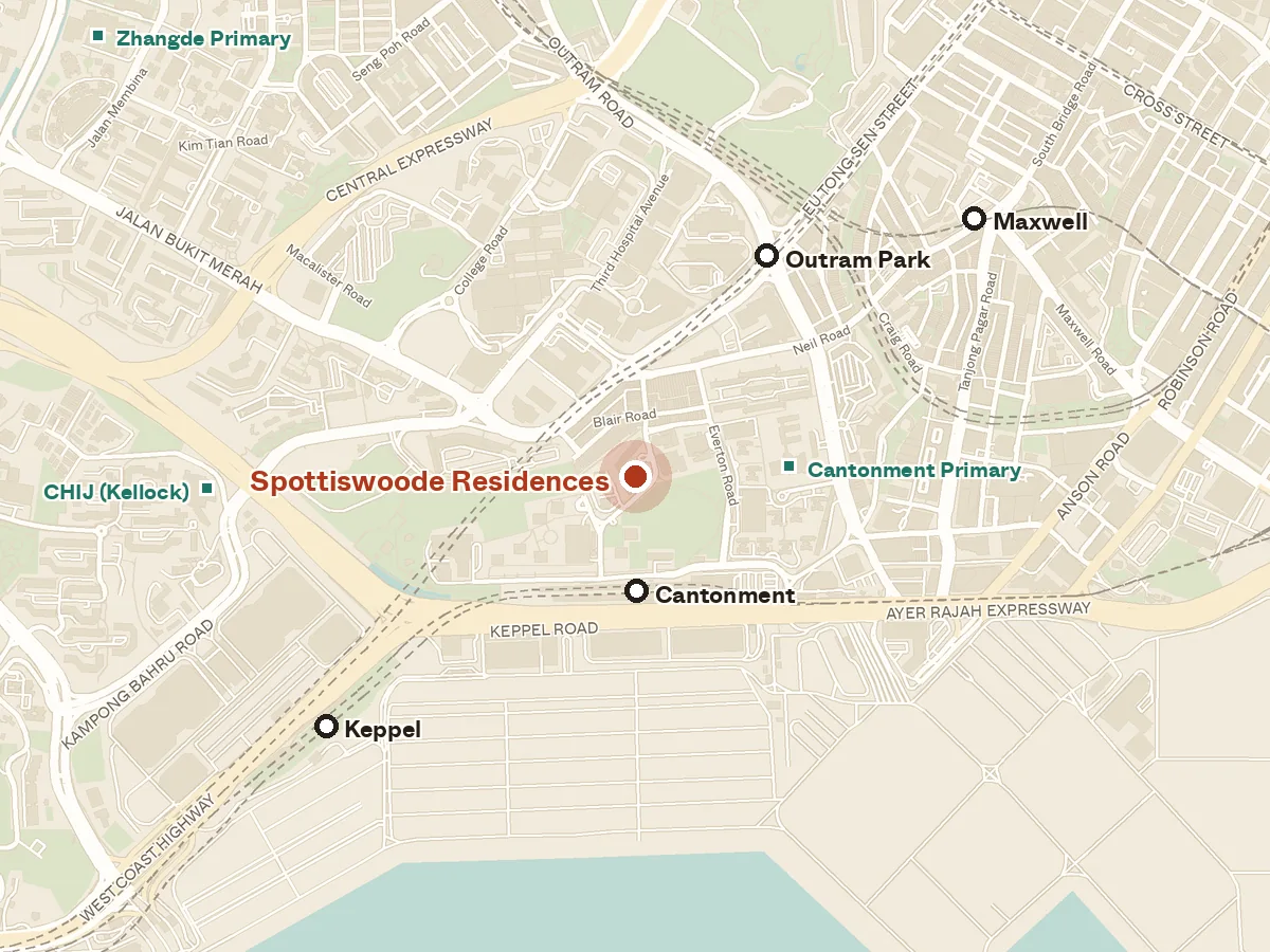 Map of the area around Spottiswoode Residences, with nearby MRT stations and primary schools