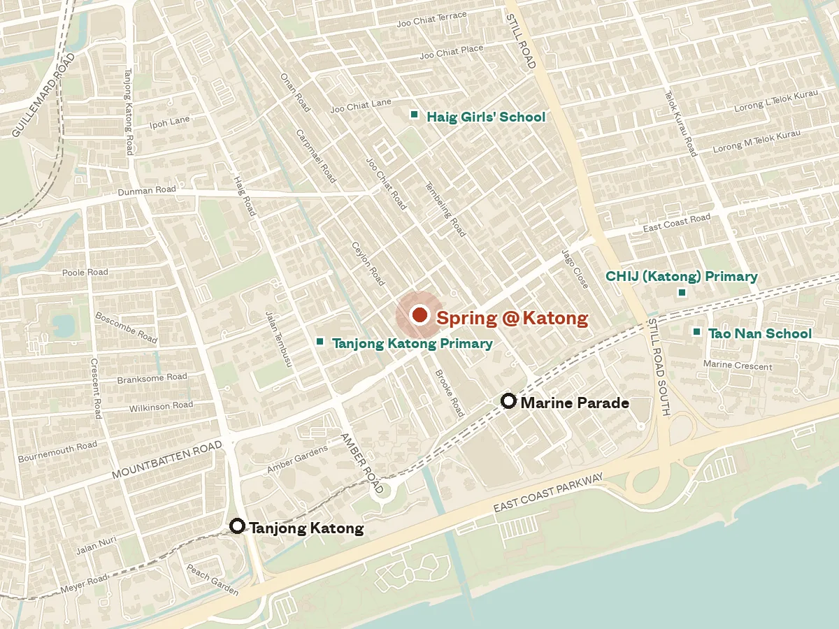 Map of the area around Spring @ Katong, with nearby MRT stations and primary schools