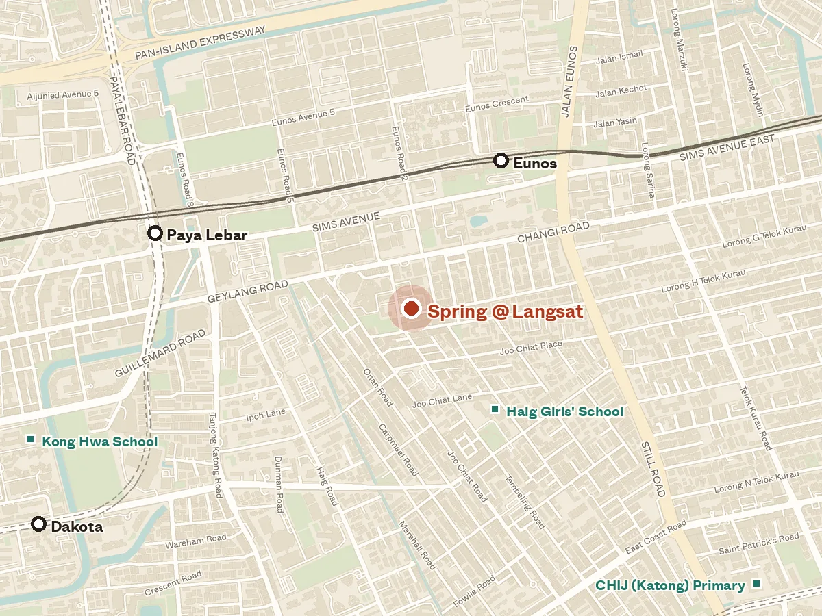 Map of the area around Spring @ Langsat, with nearby MRT stations and primary schools