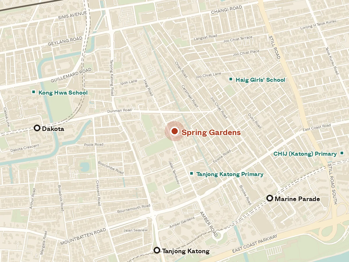 Map of the area around Spring Gardens, with nearby MRT stations and primary schools