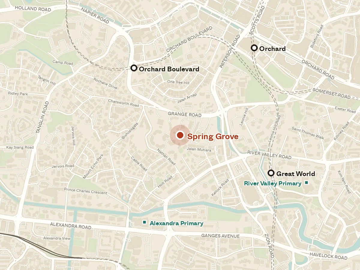 Map of the area around Spring Grove, with nearby MRT stations and primary schools