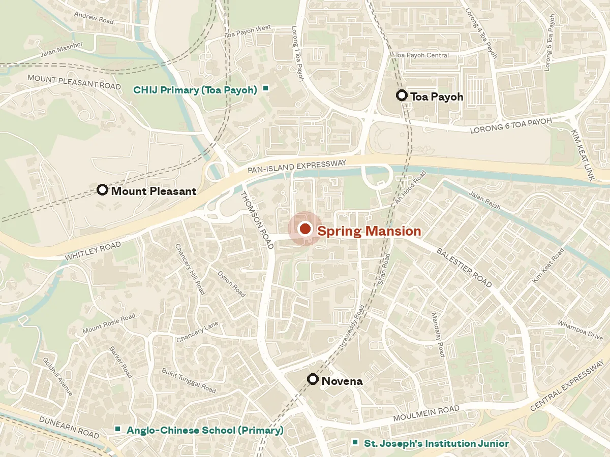 Map of the area around Spring Mansion, with nearby MRT stations and primary schools