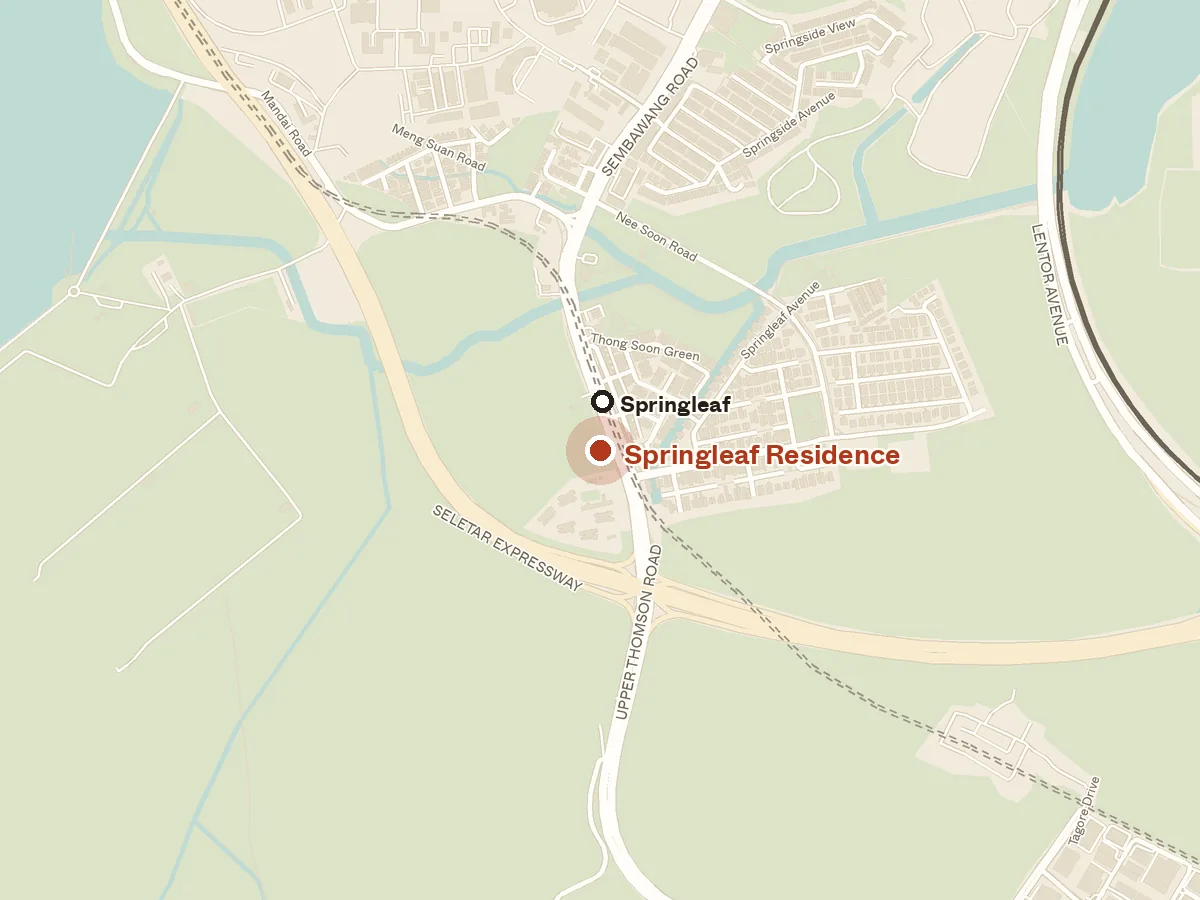 Map of the area around Springleaf Residence, with nearby MRT stations and primary schools