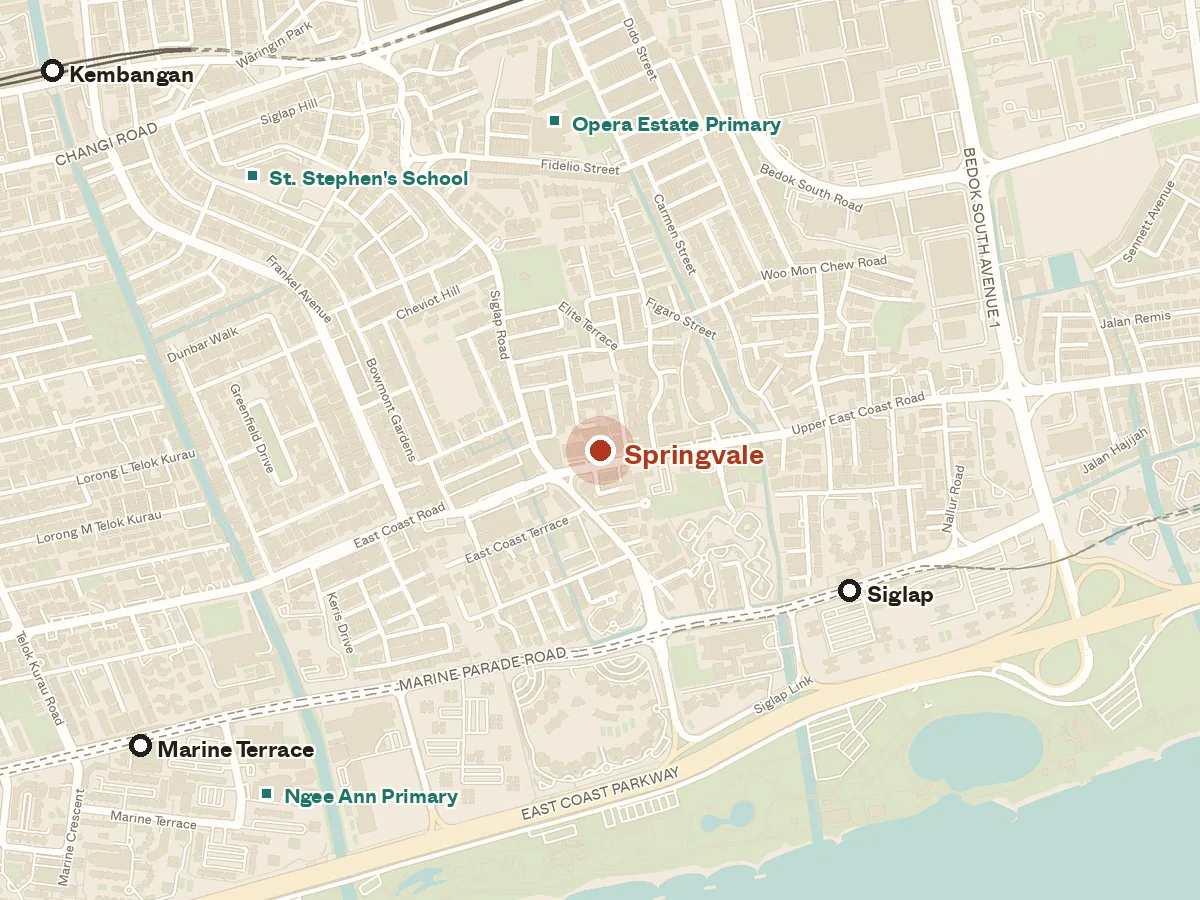 Map of the area around Springvale, with nearby MRT stations and primary schools