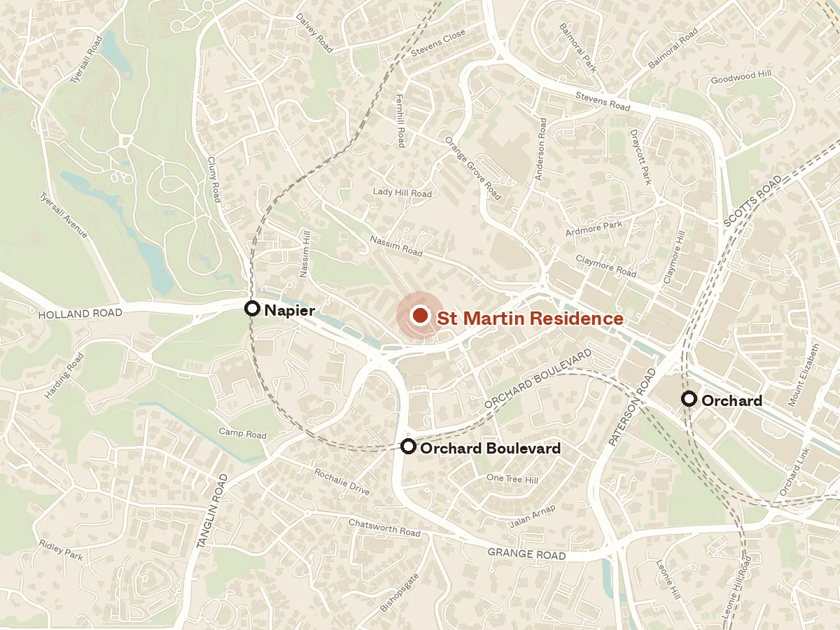 Map of the area around St Martin Residence, with nearby MRT stations and primary schools