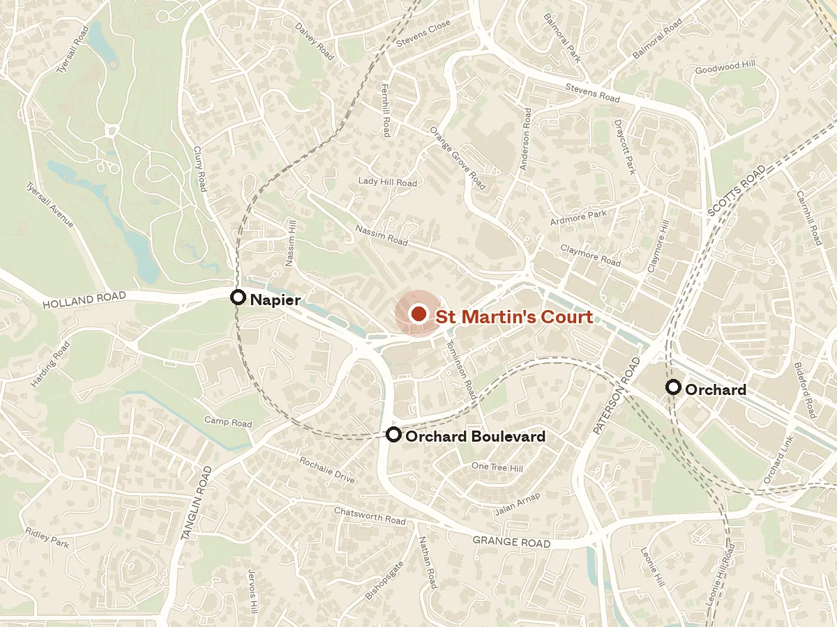 Map of the area around St Martin's Court, with nearby MRT stations and primary schools