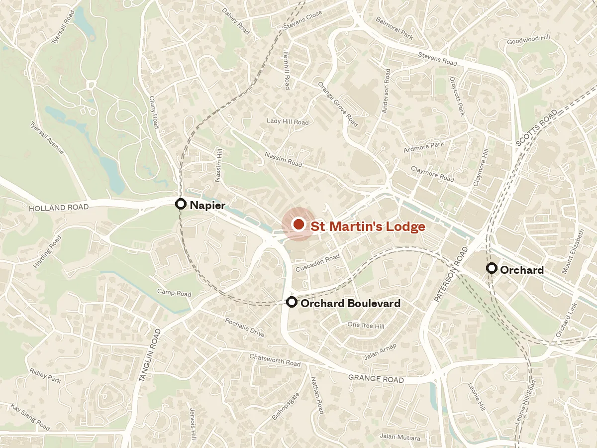Map of the area around St Martin's Lodge, with nearby MRT stations and primary schools
