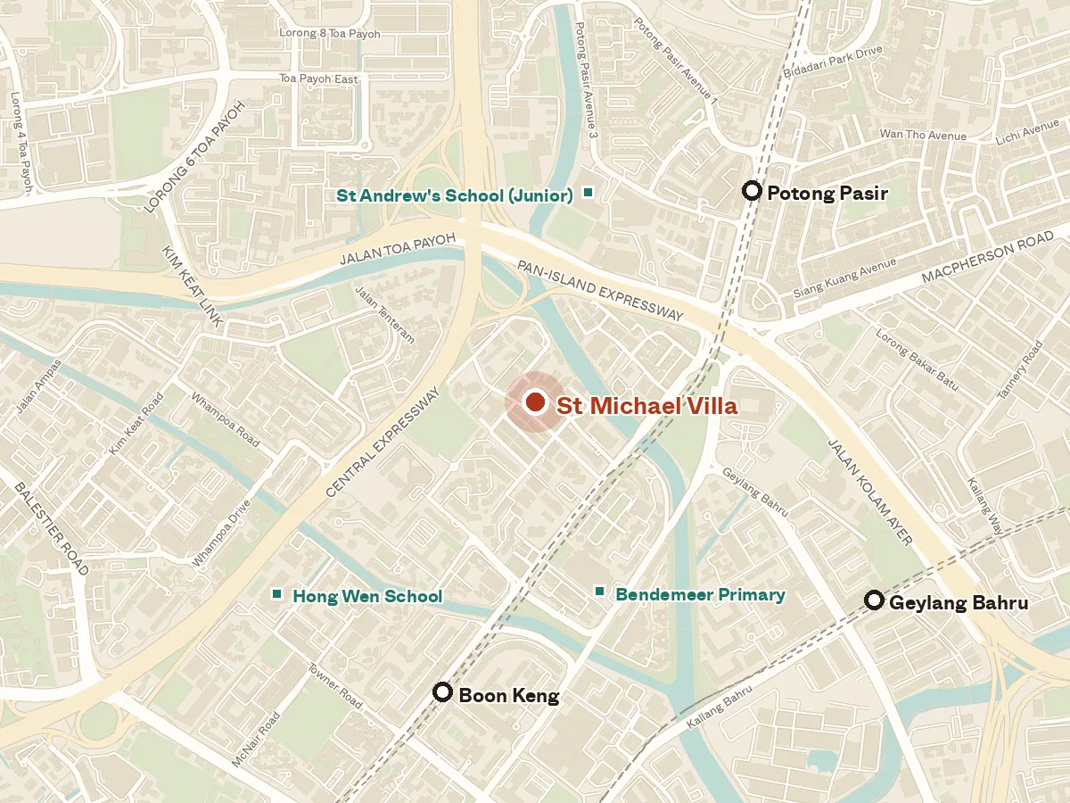 Map of the area around St Michael Villa, with nearby MRT stations and primary schools