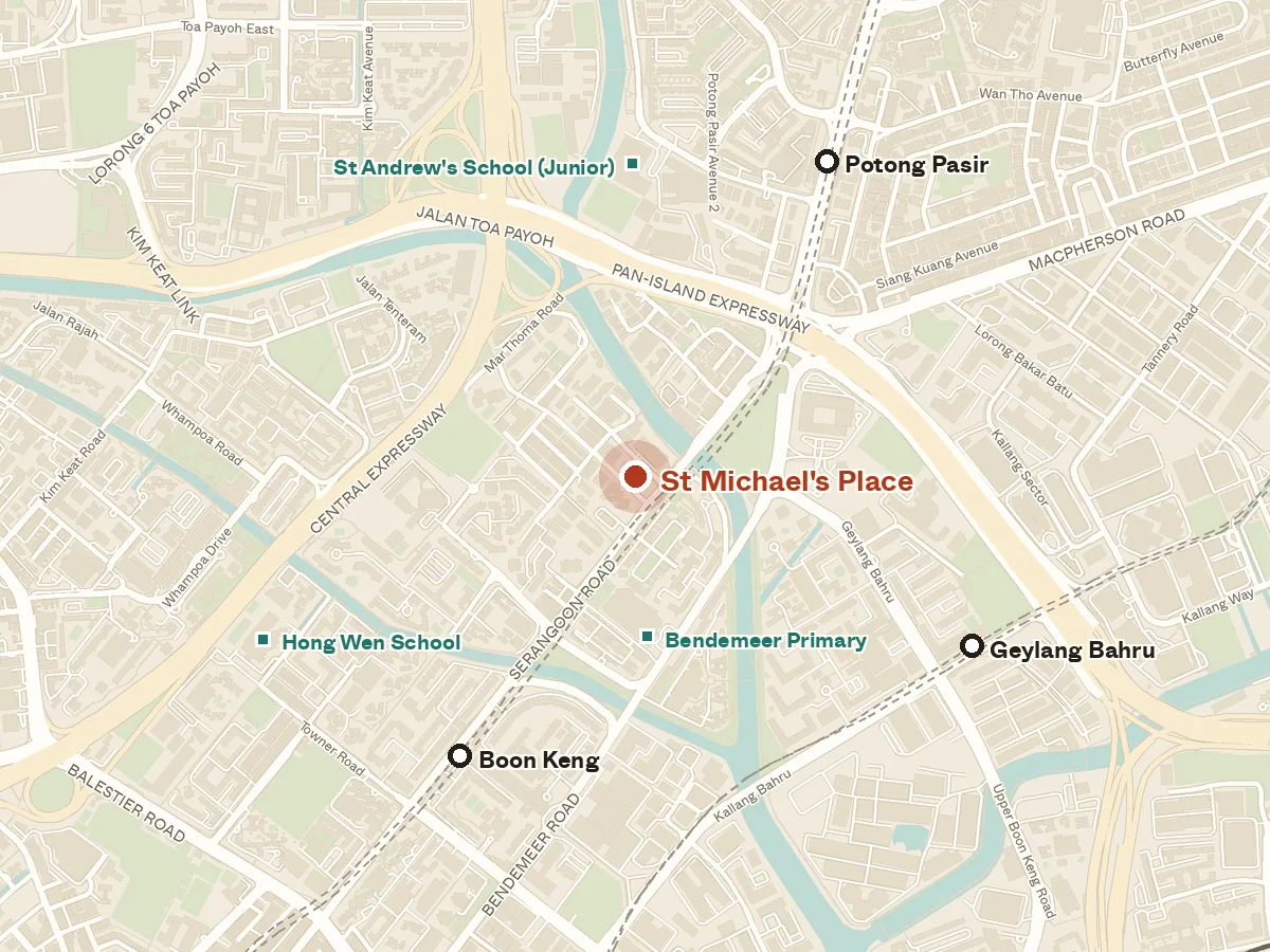 Map of the area around St Michael's Place, with nearby MRT stations and primary schools