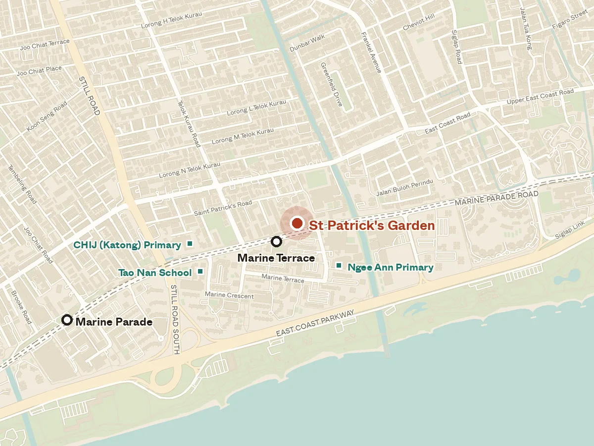 Map of the area around St Patrick's Garden, with nearby MRT stations and primary schools