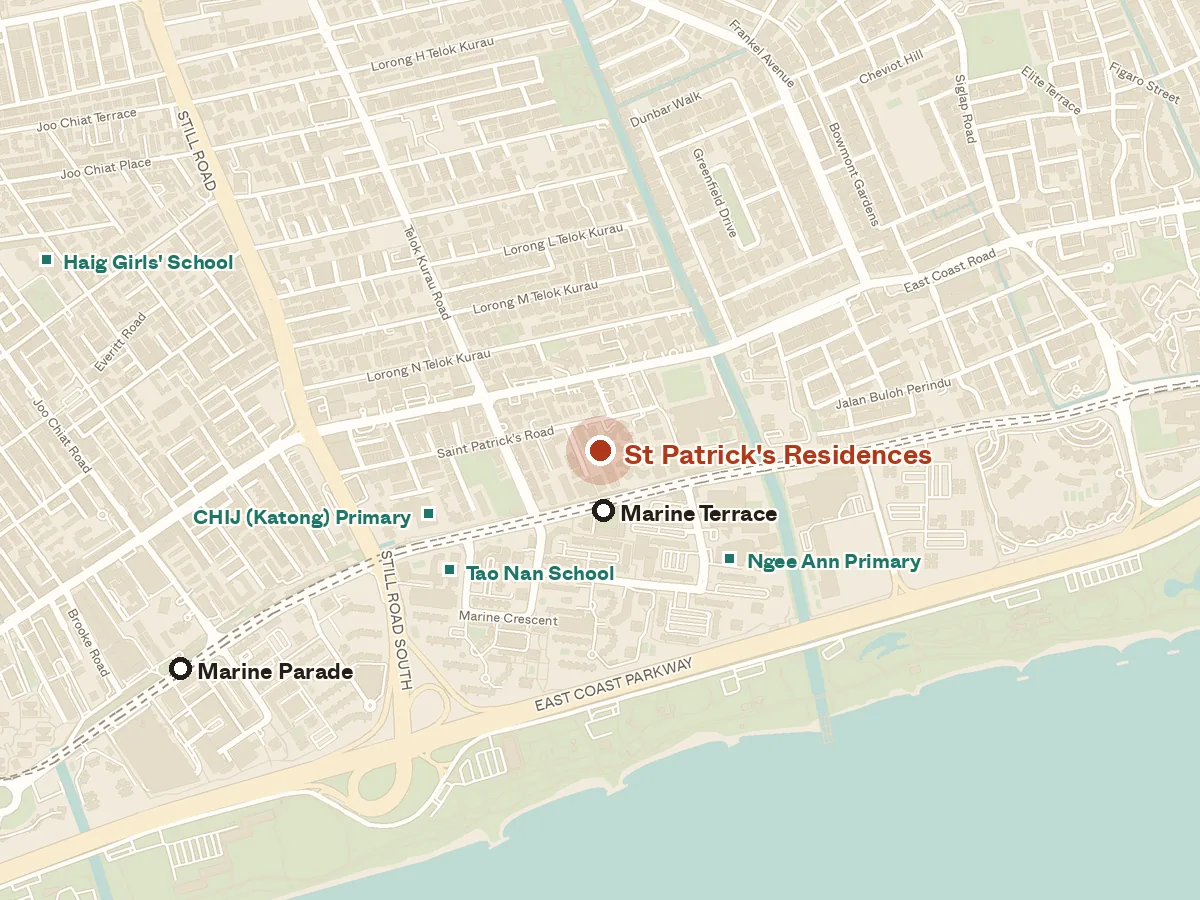 Map of the area around St Patrick's Residences, with nearby MRT stations and primary schools