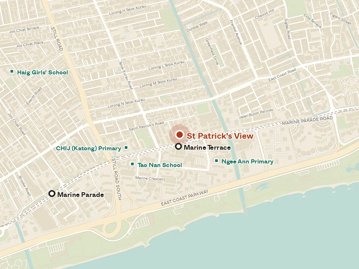 Map of the area around St Patrick's View, with nearby MRT stations and primary schools