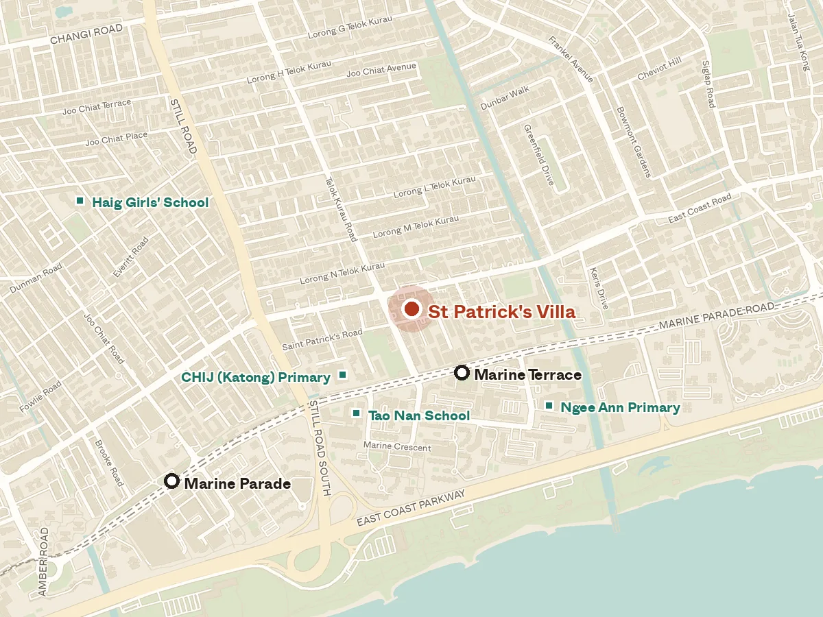 Map of the area around St Patrick's Villa, with nearby MRT stations and primary schools