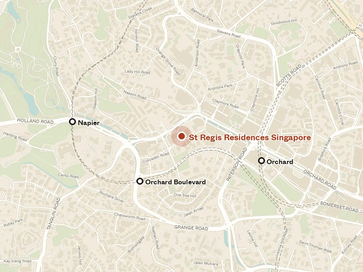 Map of the area around St Regis Residences Singapore, with nearby MRT stations and primary schools