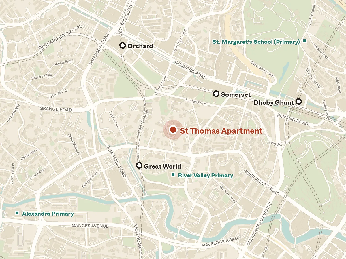 Map of the area around St Thomas Apartment, with nearby MRT stations and primary schools