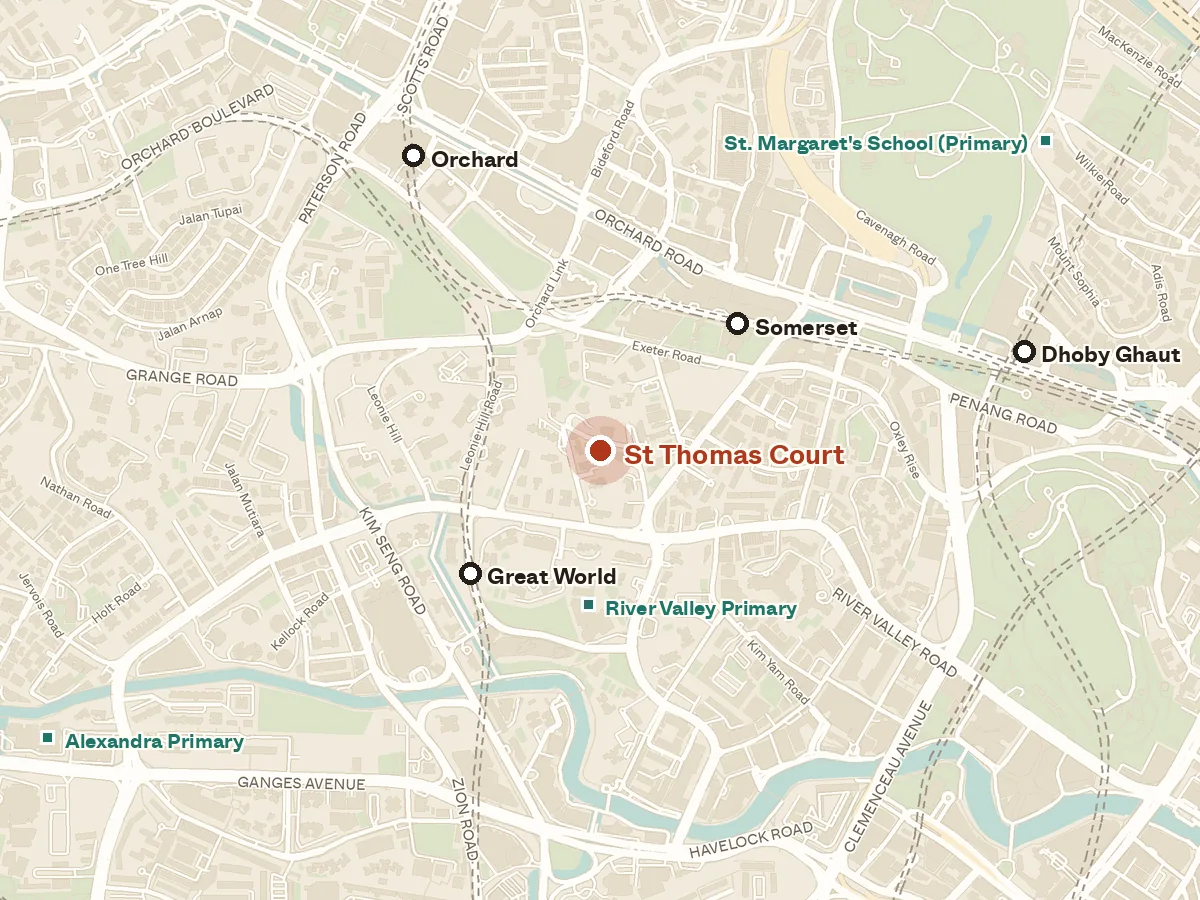Map of the area around St Thomas Court, with nearby MRT stations and primary schools