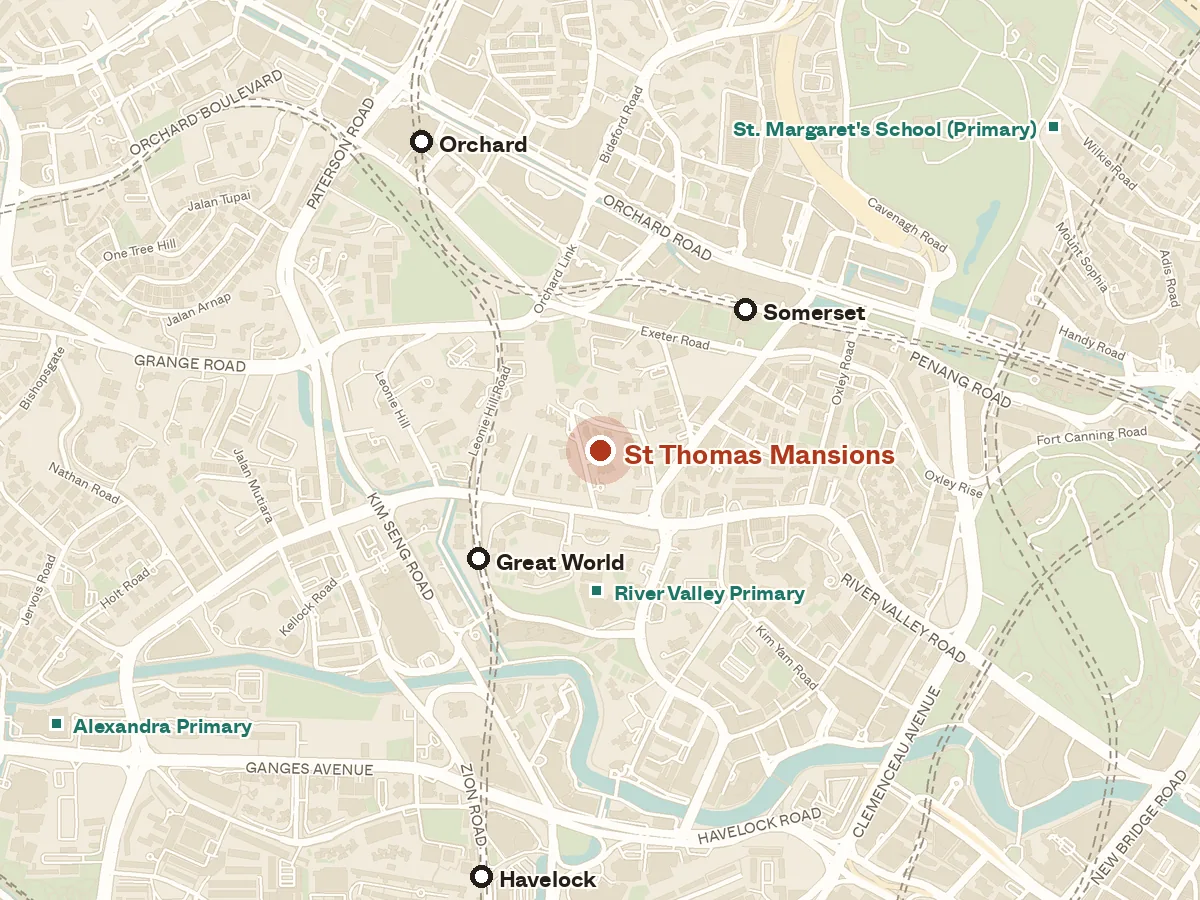 Map of the area around St Thomas Mansions, with nearby MRT stations and primary schools