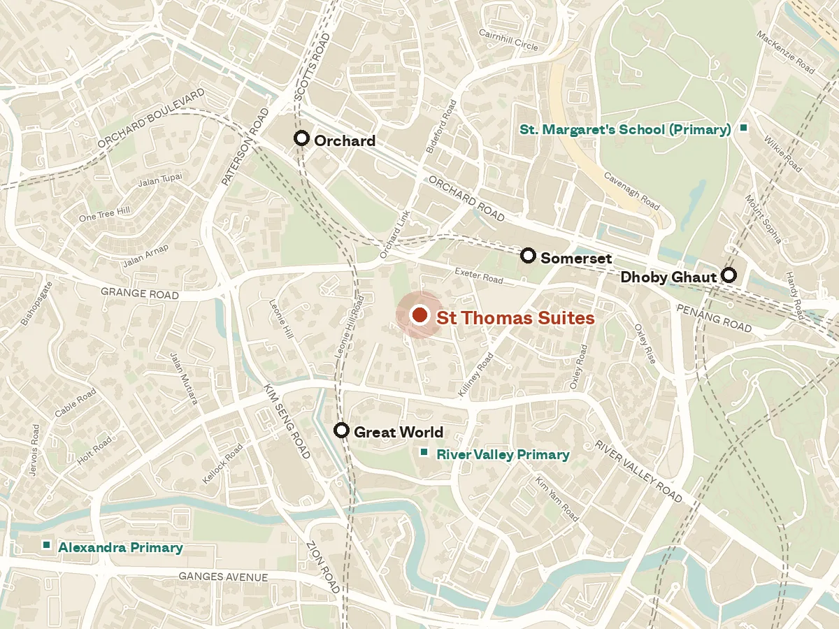 Map of the area around St Thomas Suites, with nearby MRT stations and primary schools