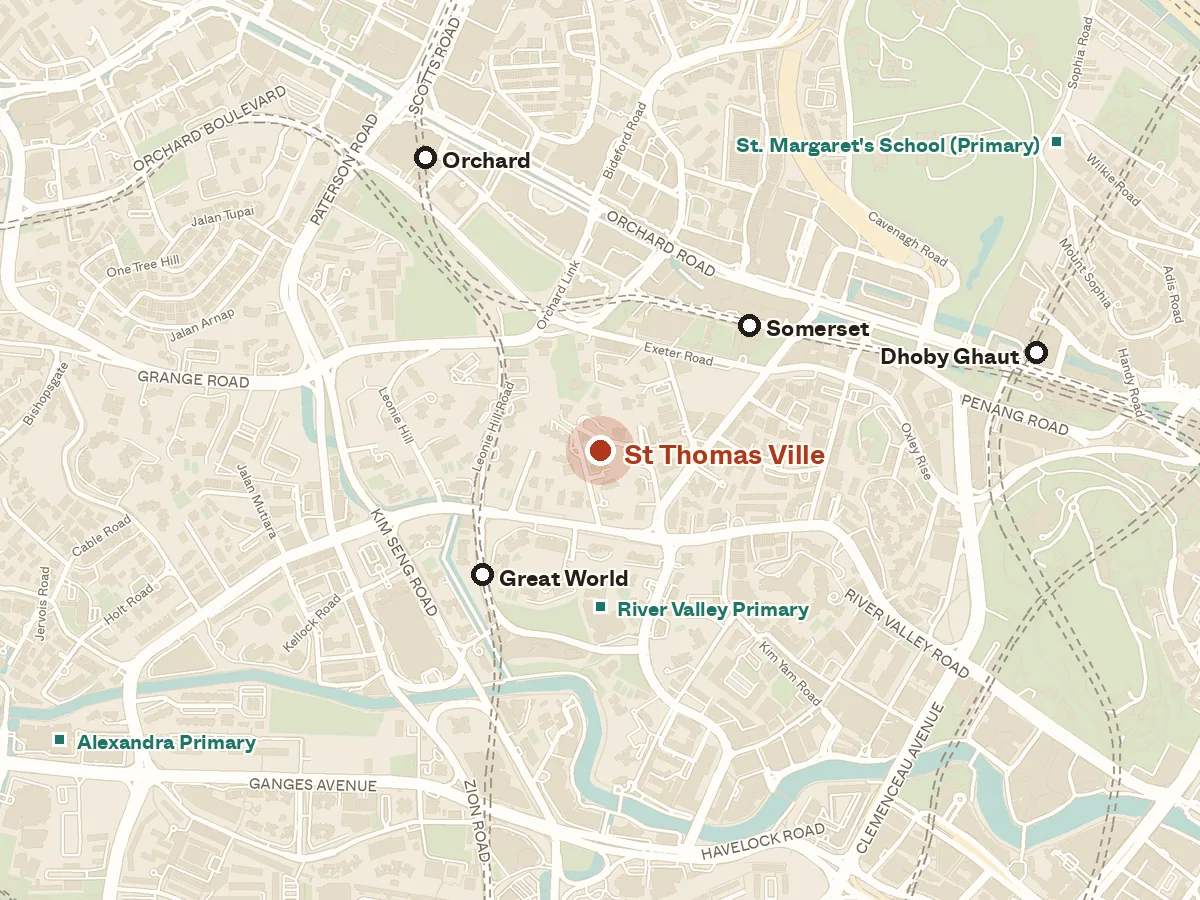 Map of the area around St Thomas Ville, with nearby MRT stations and primary schools