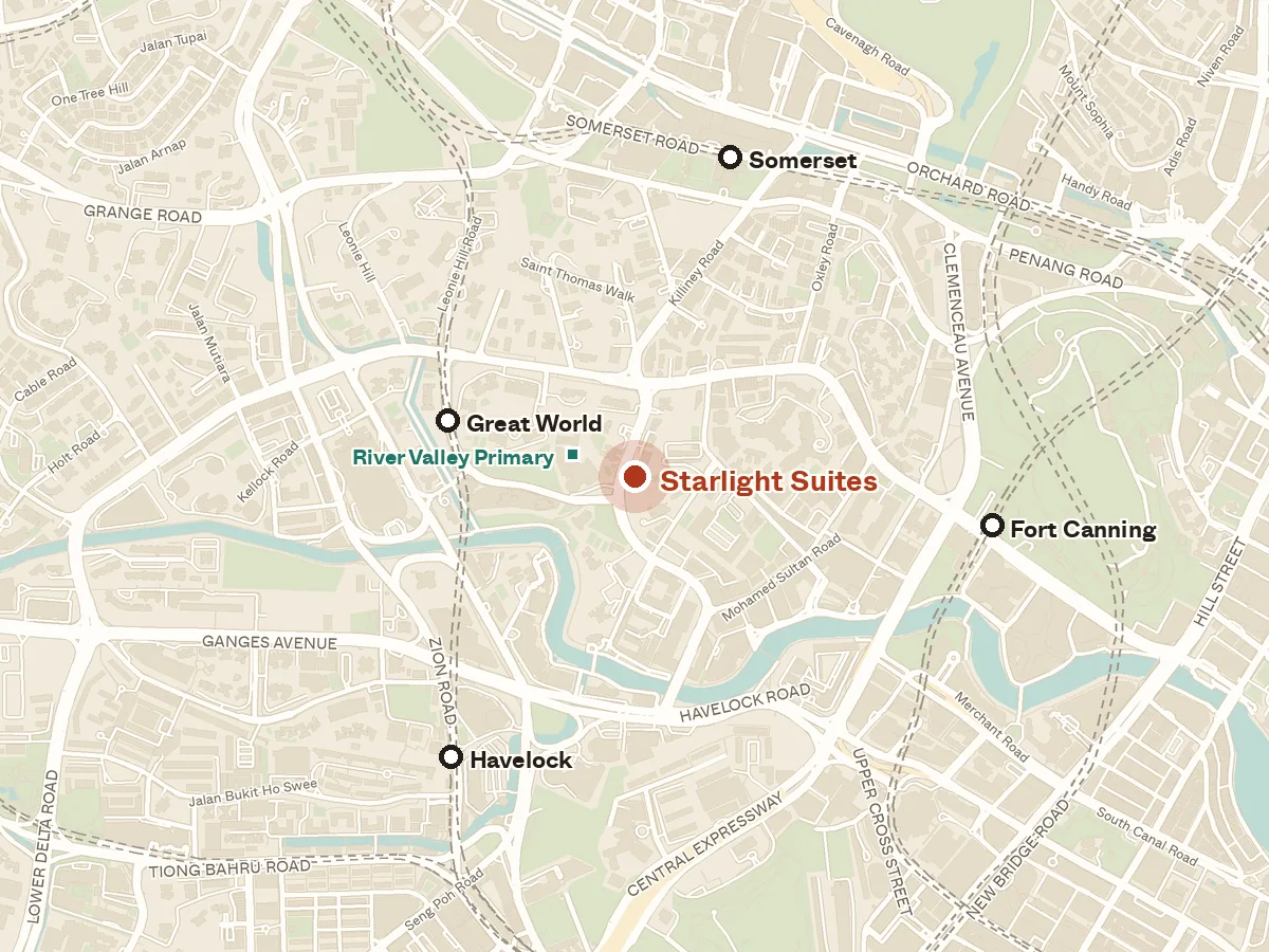 Map of the area around Starlight Suites, with nearby MRT stations and primary schools