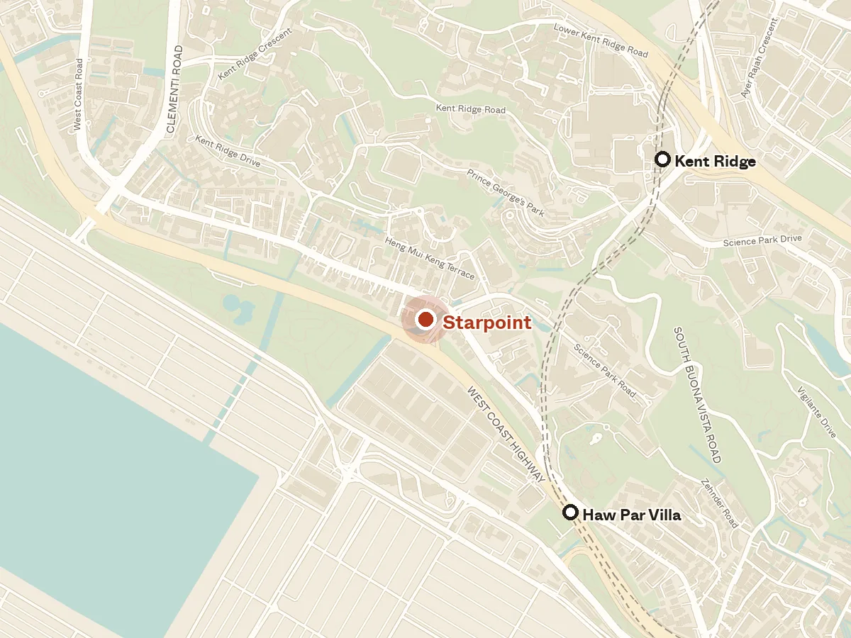 Map of the area around Starpoint, with nearby MRT stations and primary schools