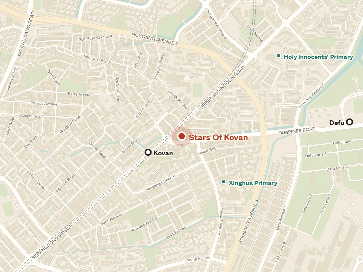 Map of the area around Stars Of Kovan, with nearby MRT stations and primary schools