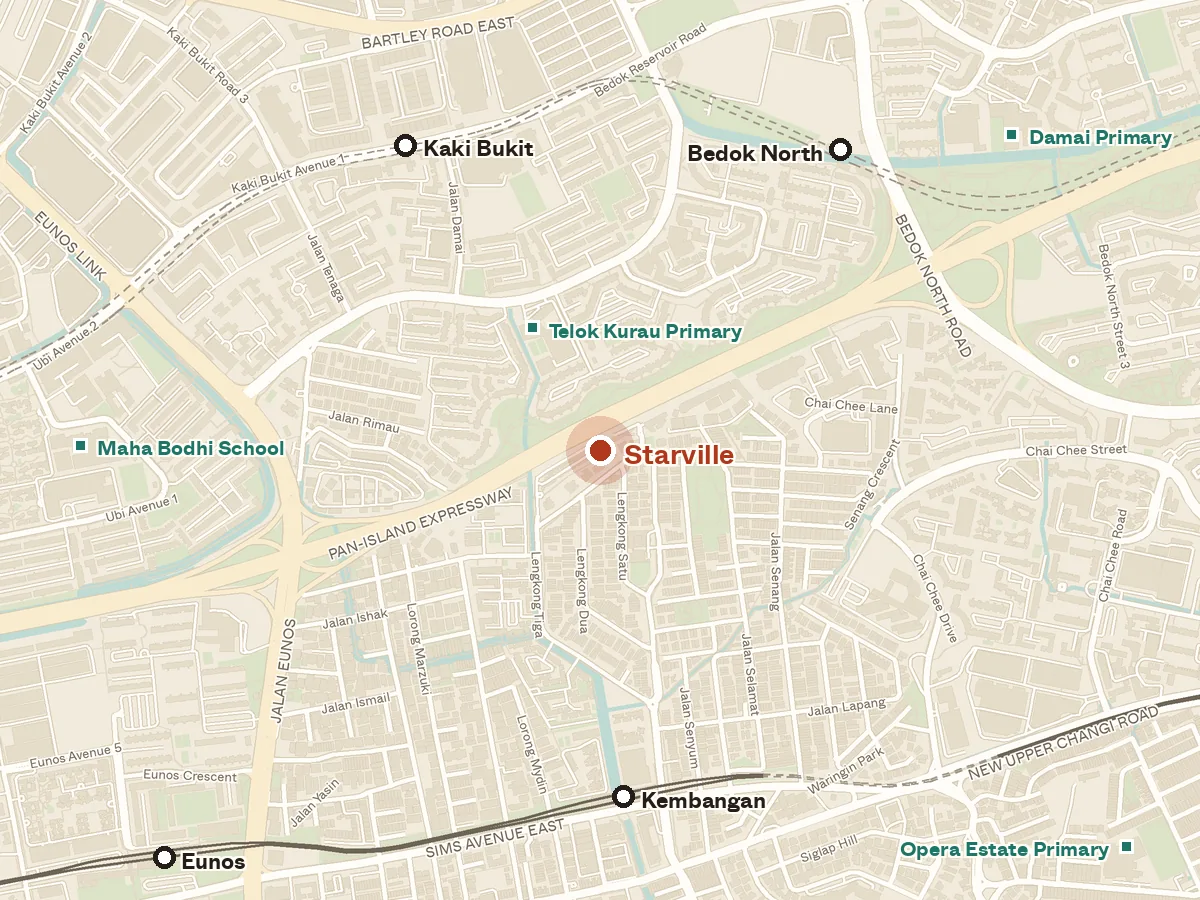 Map of the area around Starville, with nearby MRT stations and primary schools