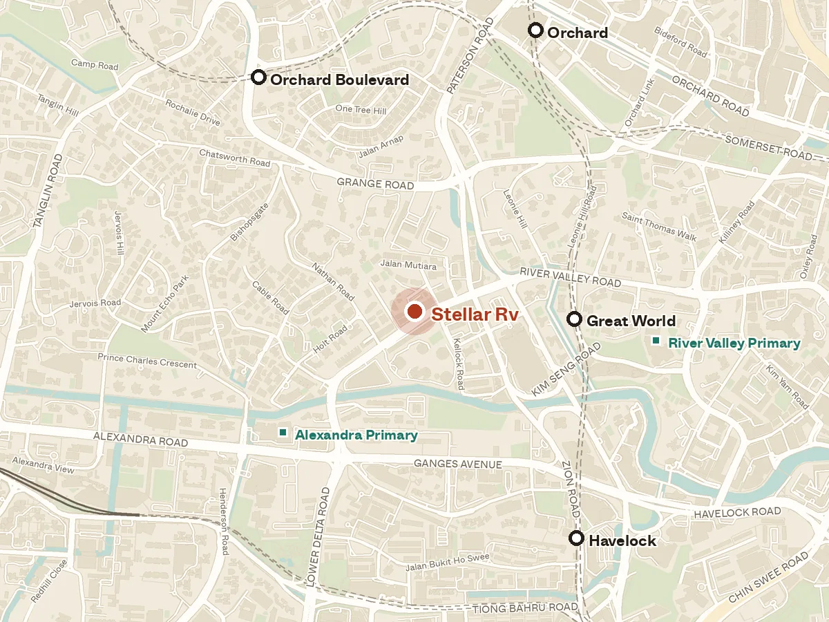 Map of the area around Stellar Rv, with nearby MRT stations and primary schools