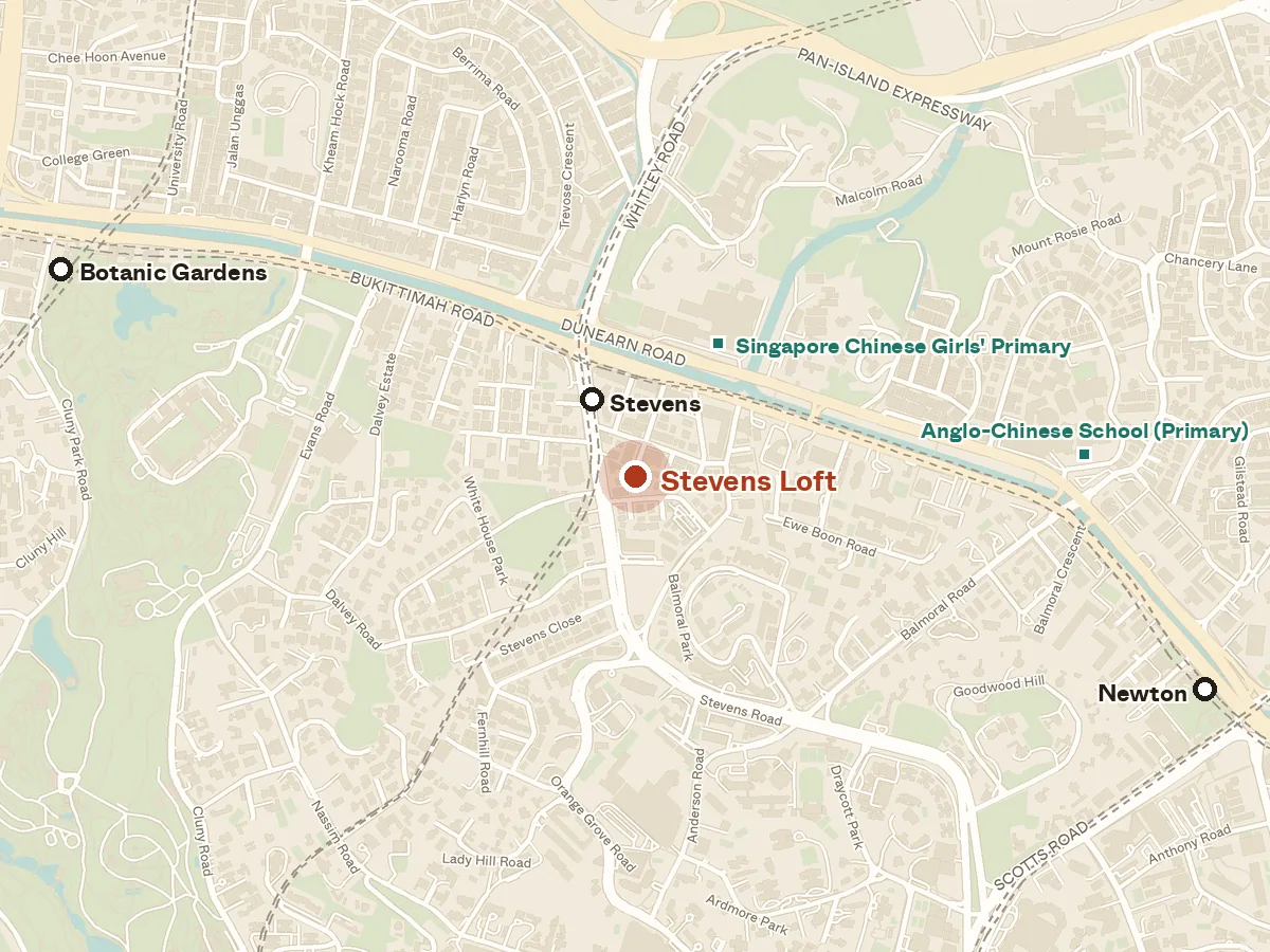 Map of the area around Stevens Loft, with nearby MRT stations and primary schools