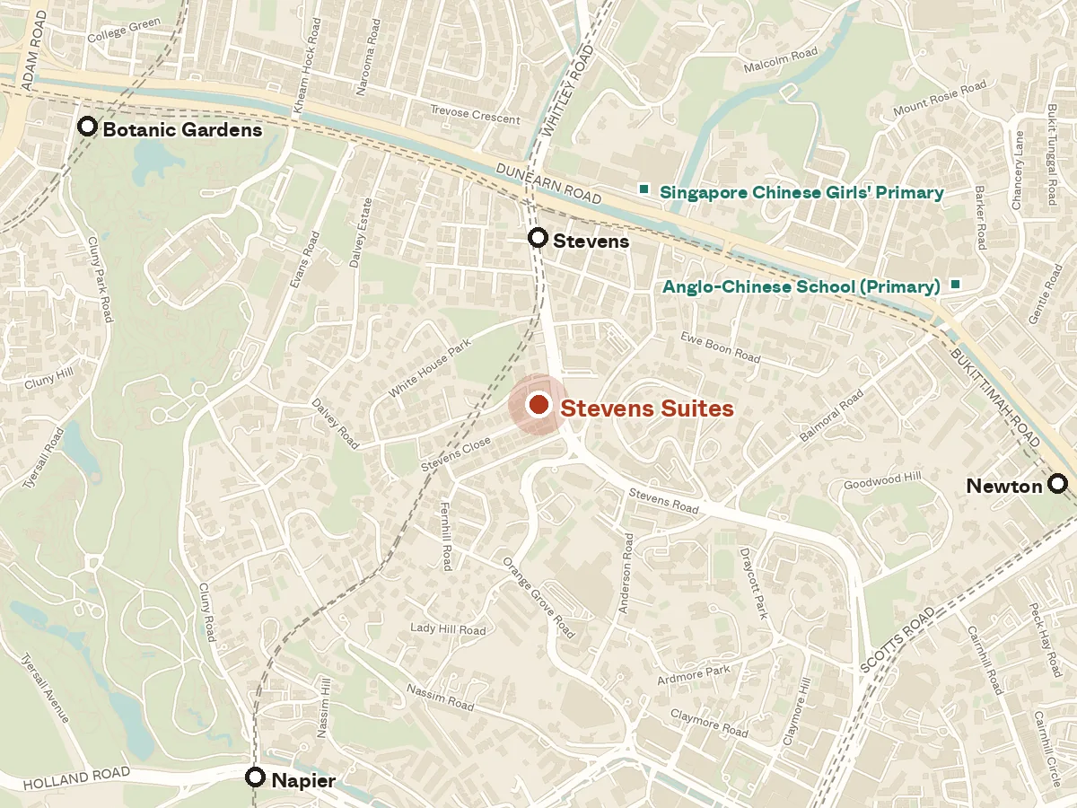Map of the area around Stevens Suites, with nearby MRT stations and primary schools