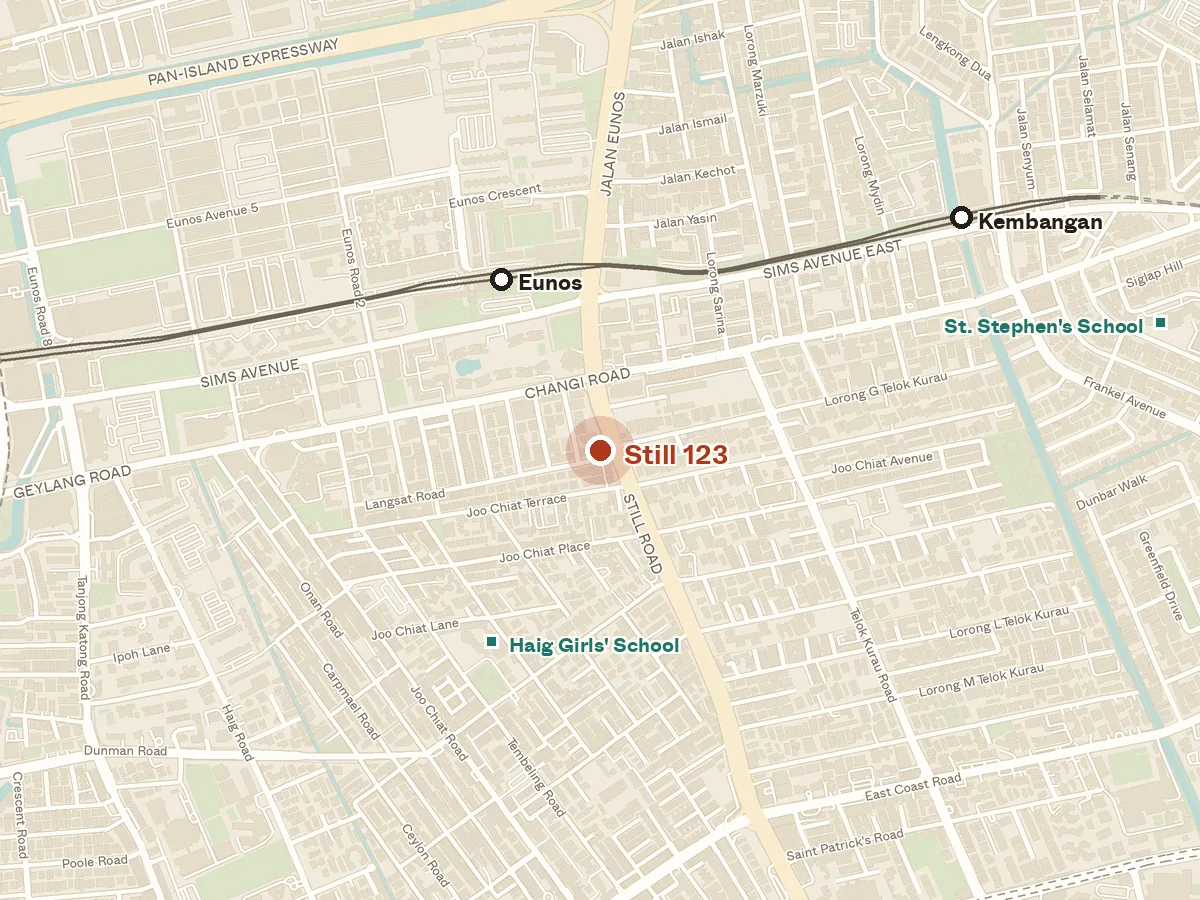 Map of the area around Still 123, with nearby MRT stations and primary schools