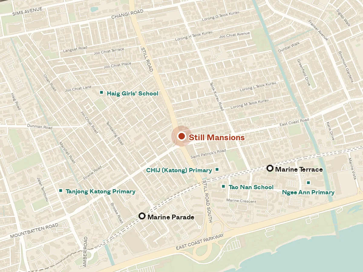 Map of the area around Still Mansions, with nearby MRT stations and primary schools