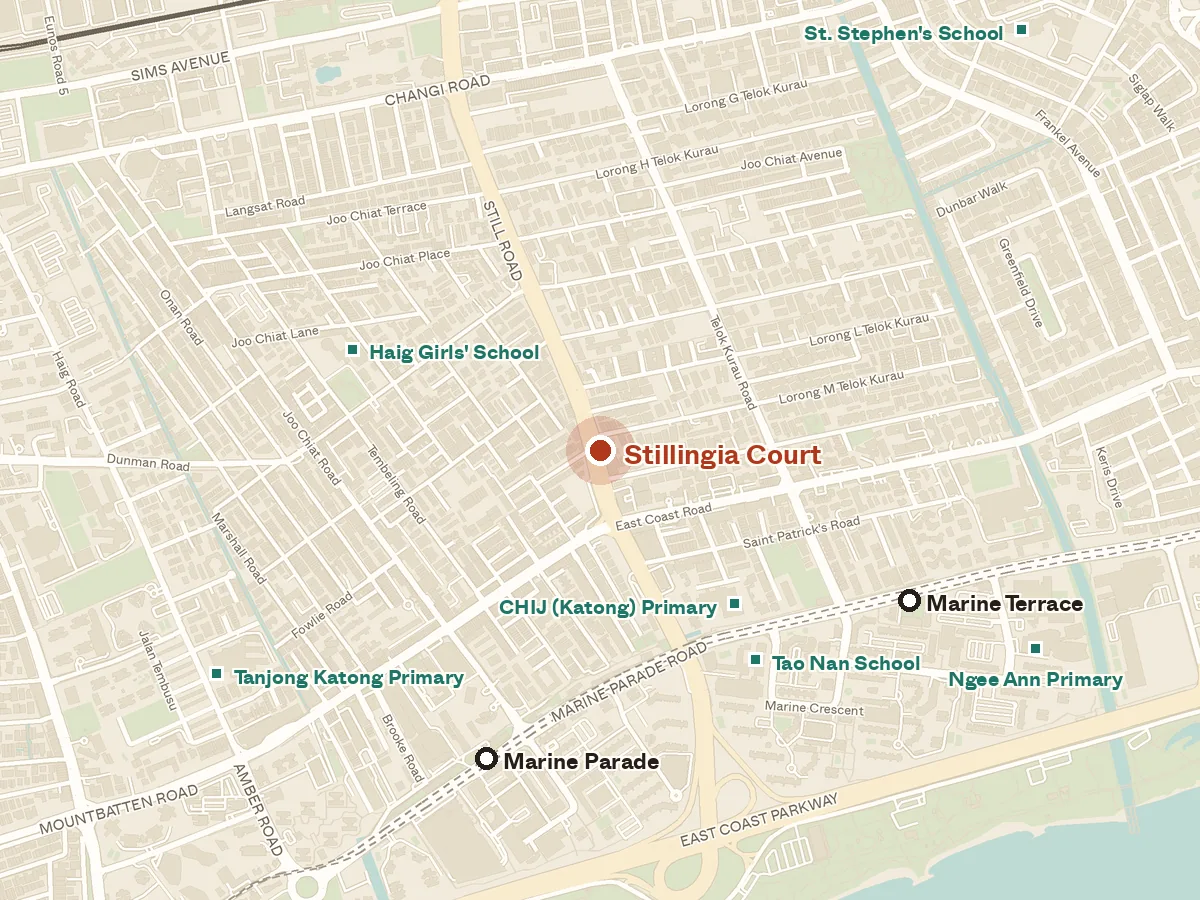 Map of the area around Stillingia Court, with nearby MRT stations and primary schools