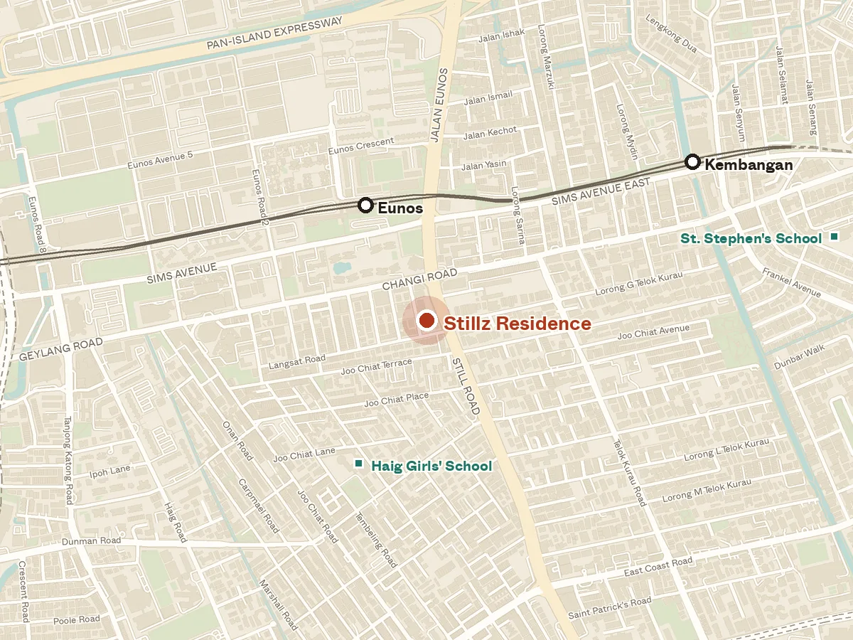 Map of the area around Stillz Residence, with nearby MRT stations and primary schools