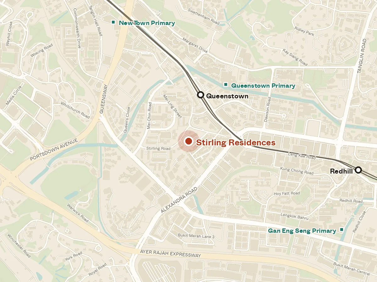 Map of the area around Stirling Residences, with nearby MRT stations and primary schools