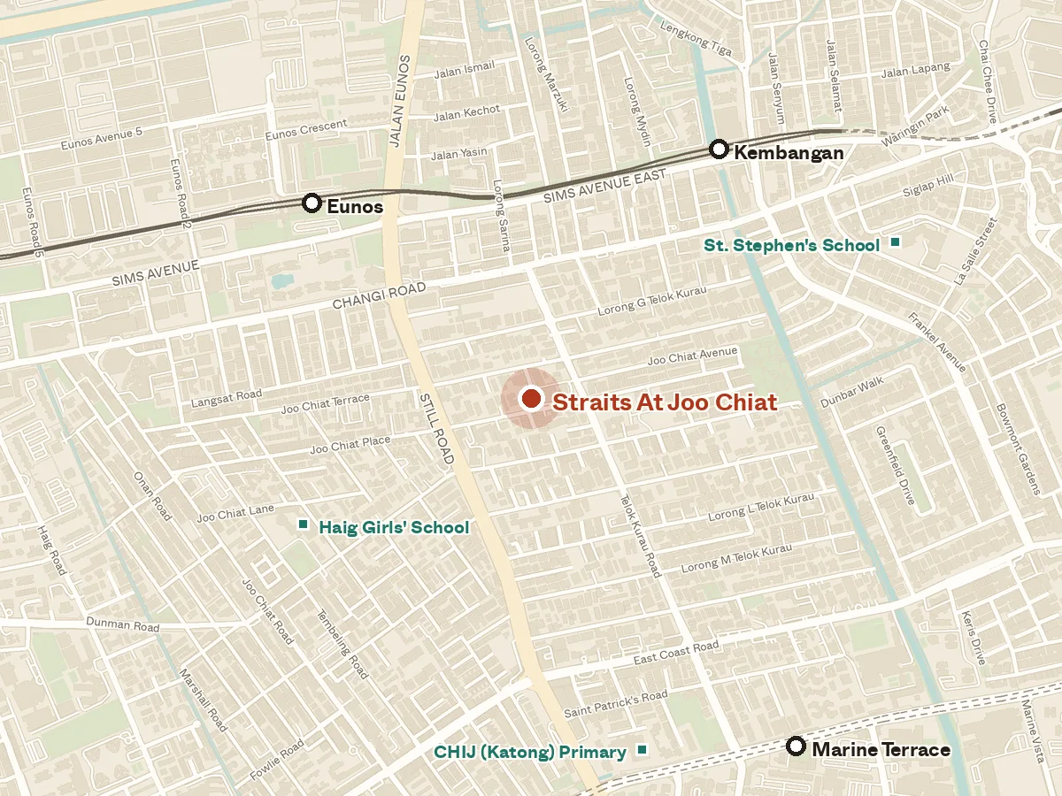 Map of the area around Straits At Joo Chiat, with nearby MRT stations and primary schools
