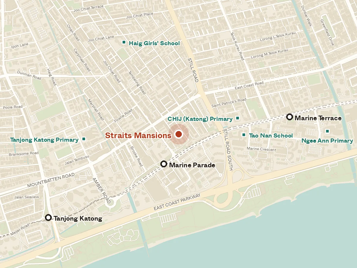Map of the area around Straits Mansions, with nearby MRT stations and primary schools