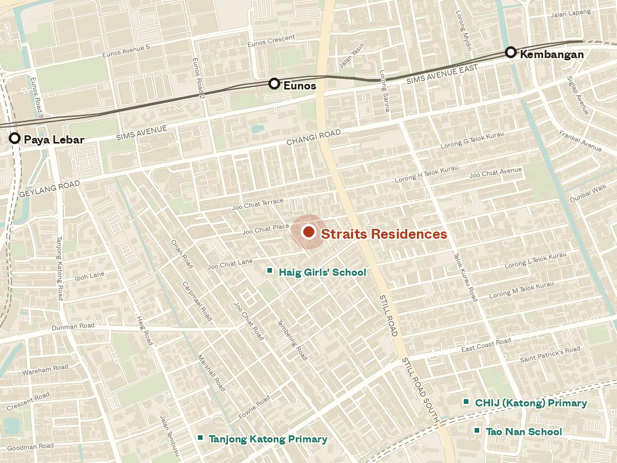Map of the area around Straits Residences, with nearby MRT stations and primary schools