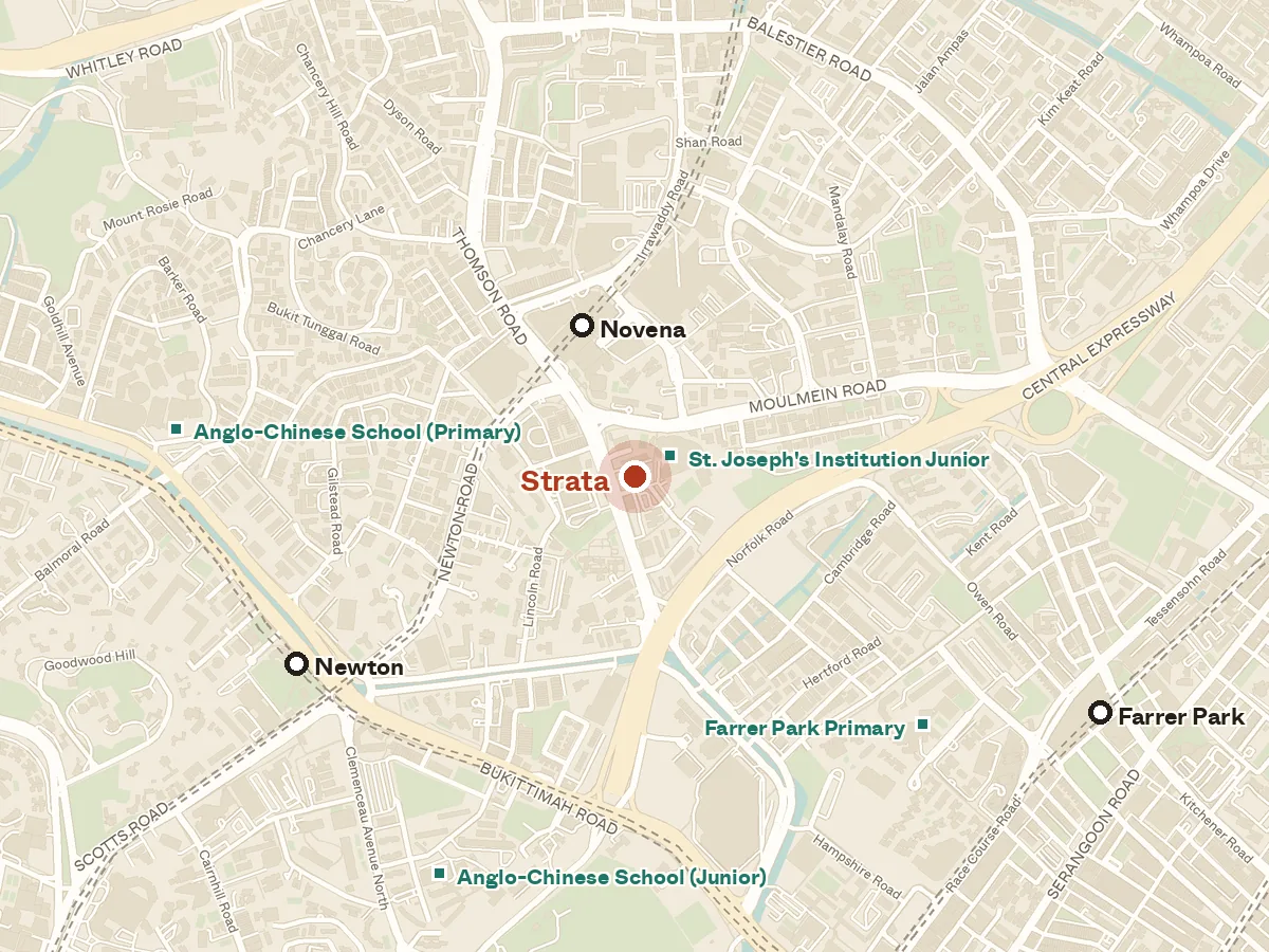 Map of the area around Strata, with nearby MRT stations and primary schools