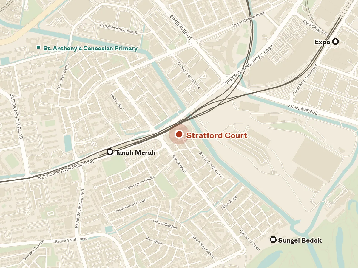 Map of the area around Stratford Court, with nearby MRT stations and primary schools