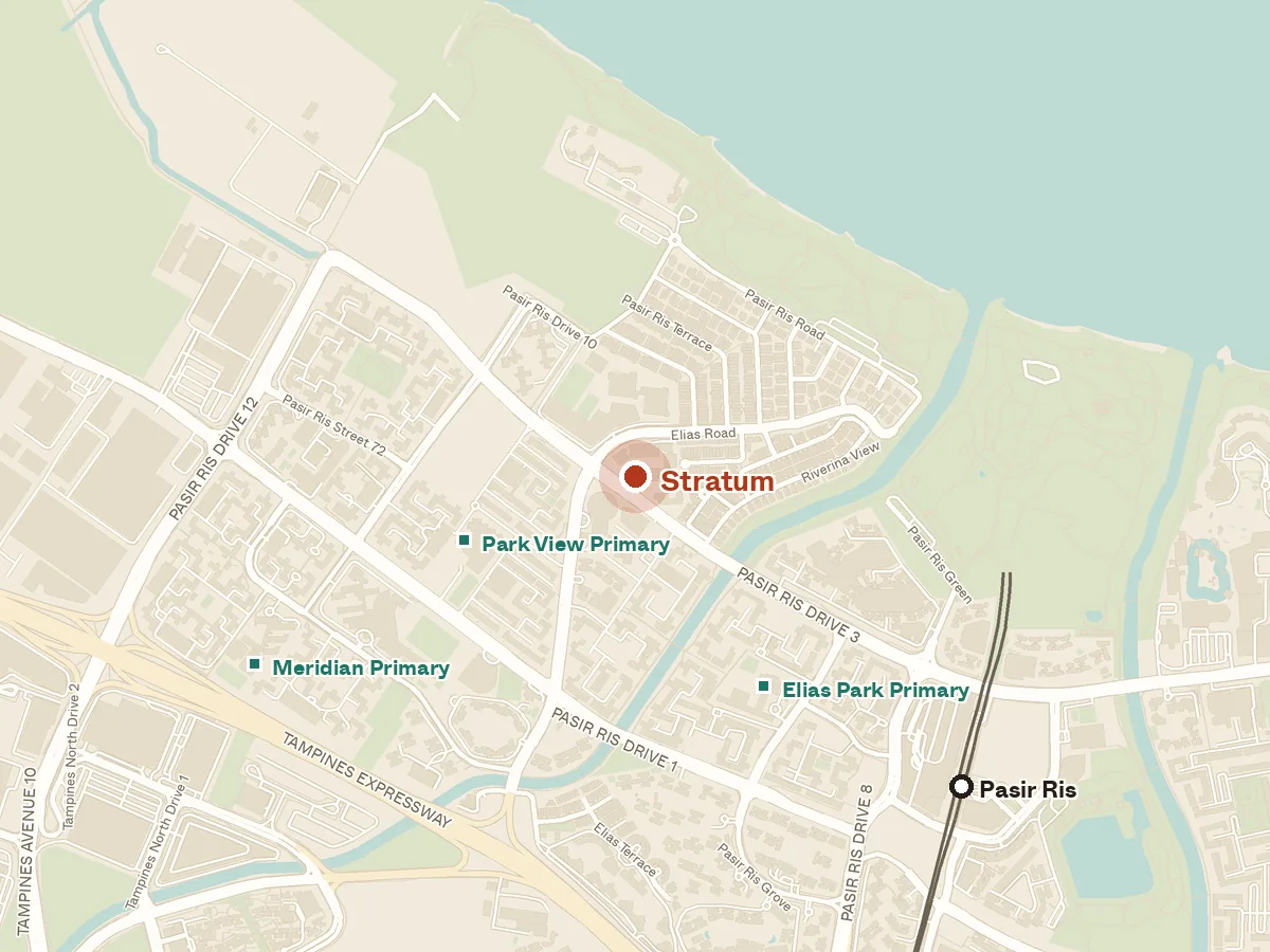 Map of the area around Stratum, with nearby MRT stations and primary schools