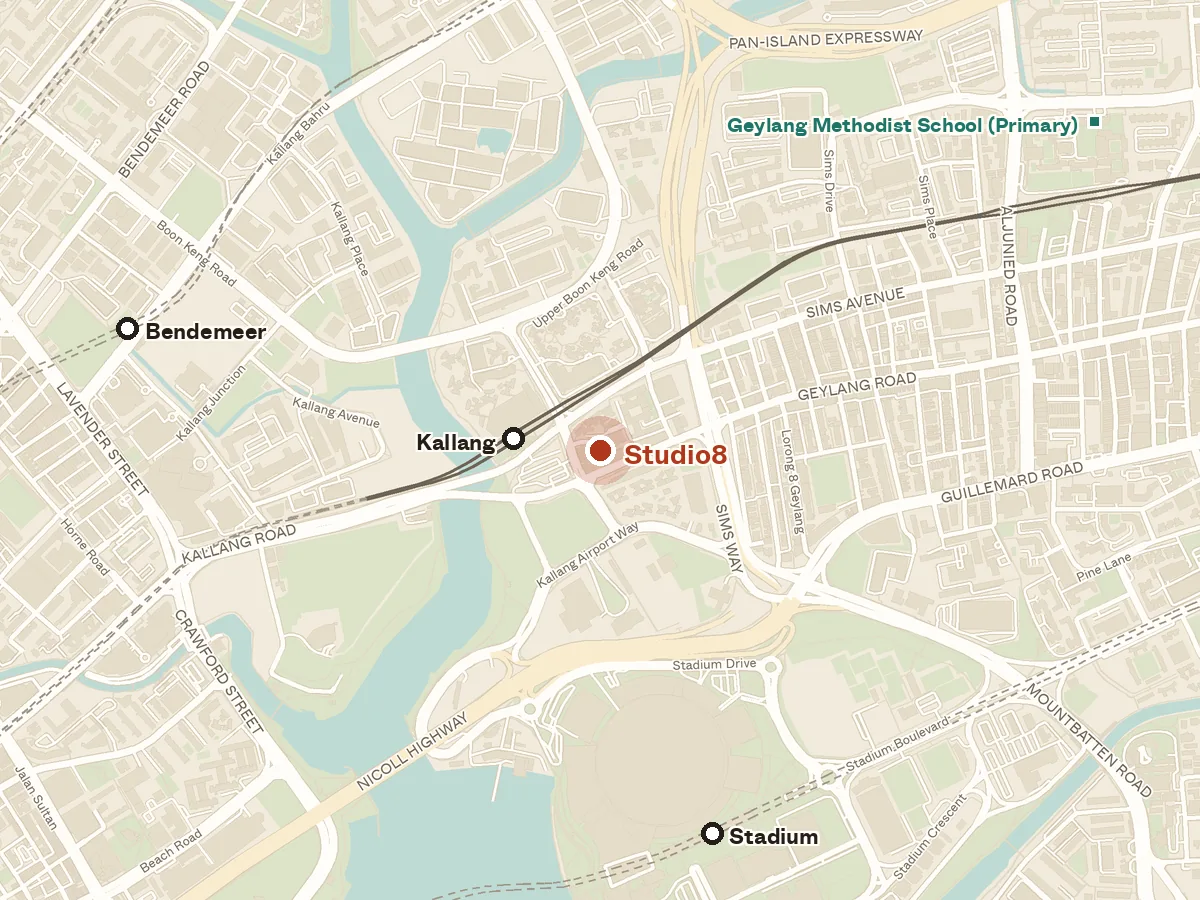 Map of the area around Studio8, with nearby MRT stations and primary schools