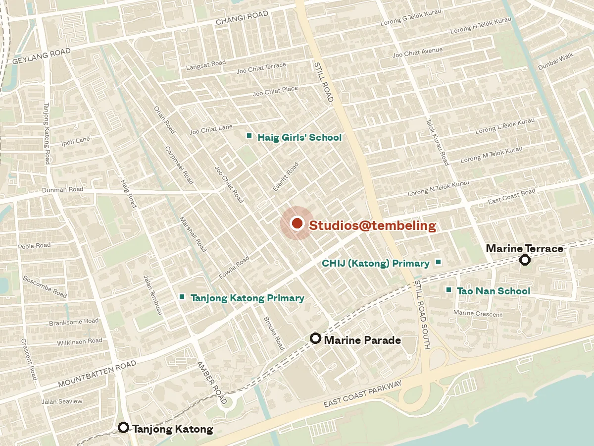 Map of the area around Studios@tembeling, with nearby MRT stations and primary schools