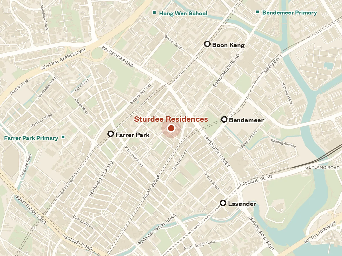 Map of the area around Sturdee Residences, with nearby MRT stations and primary schools