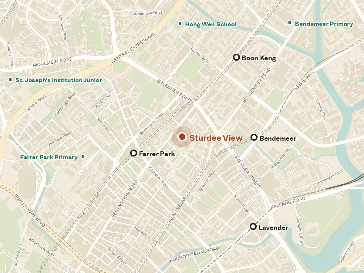 Map of the area around Sturdee View, with nearby MRT stations and primary schools