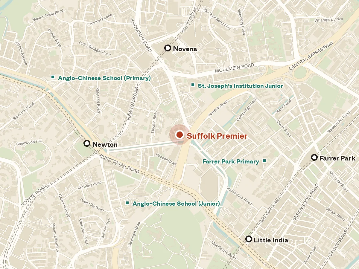 Map of the area around Suffolk Premier, with nearby MRT stations and primary schools