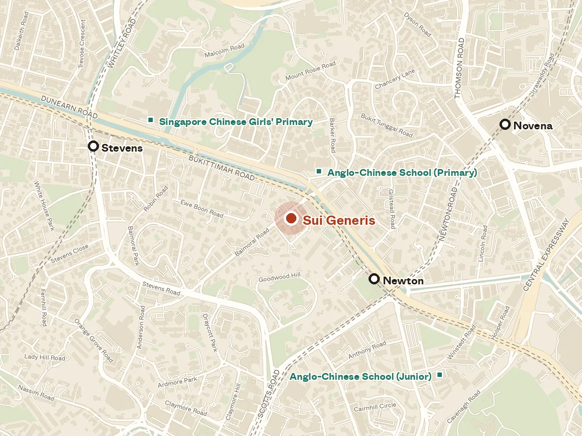 Map of the area around Sui Generis, with nearby MRT stations and primary schools