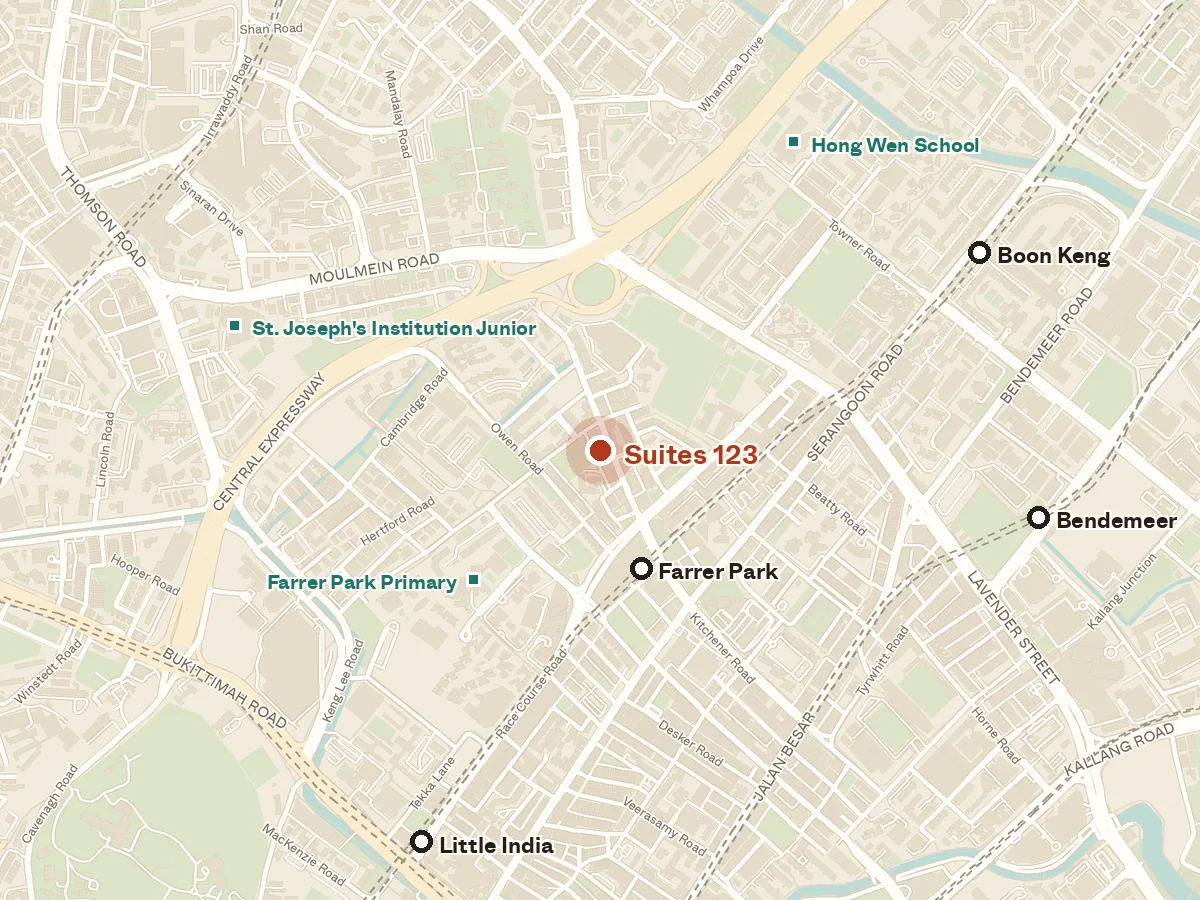 Map of the area around Suites 123, with nearby MRT stations and primary schools