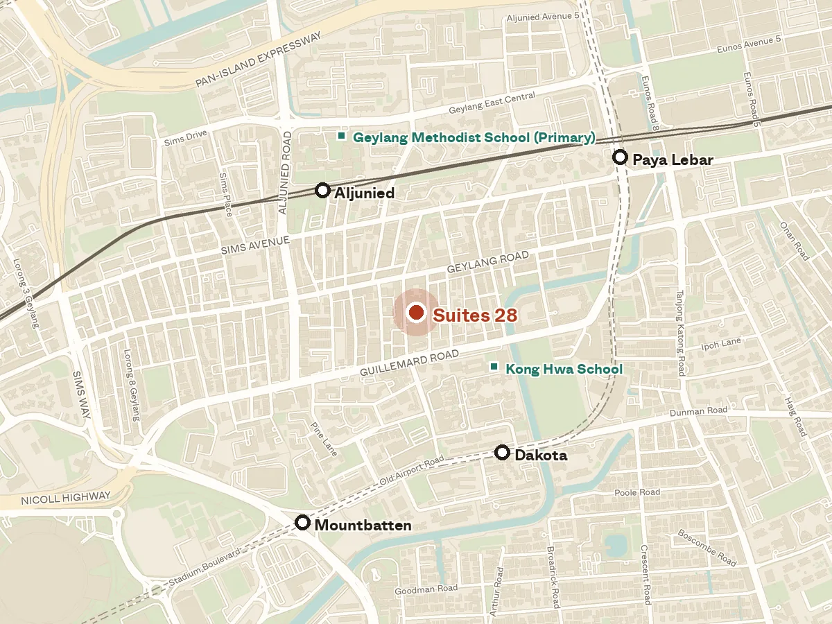 Map of the area around Suites 28, with nearby MRT stations and primary schools